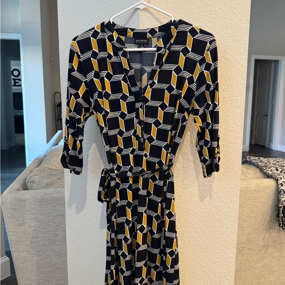 Enfocus Studio Blue and Gold Wrap Dress with 3/4 Cuffed Sleeves